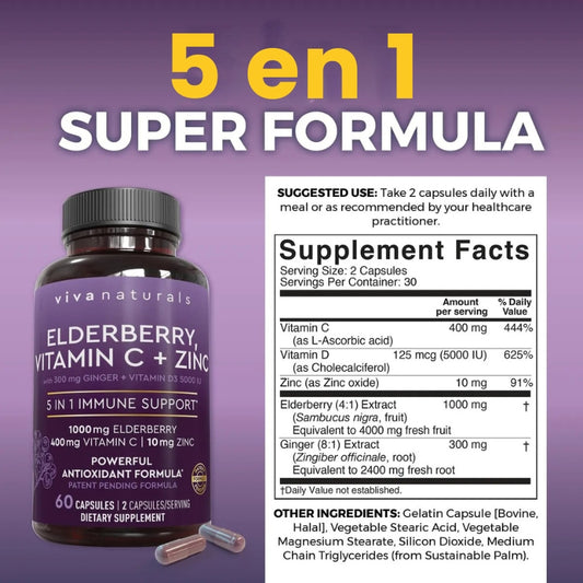 Cápsulas De Elderberry Con Vitamina C + Zinc - OFERTA 2X1